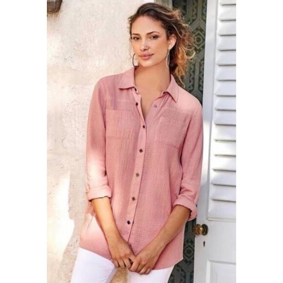 Soft Surroundings Soft Pink Gauze Button Front Top - Picture 1 of 6